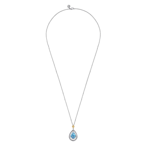 14 KARAT YELLOW GOLD AND STERLING SILVER BUJUKAN PEAR BLUE TOPAZ PENDANT NECKLACE