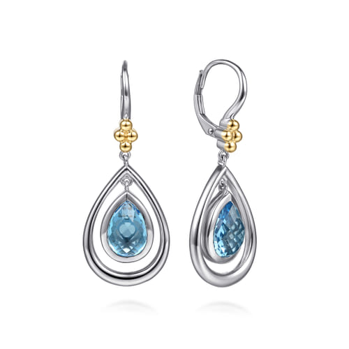 14 KARAT YELLOW GOLD AND STERLING SILVER BUJUKAN PEAR  BLUE TOPAZ LEVERBACK DROP EARRINGS