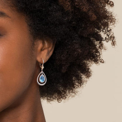 14 KARAT YELLOW GOLD AND STERLING SILVER BUJUKAN PEAR  BLUE TOPAZ LEVERBACK DROP EARRINGS