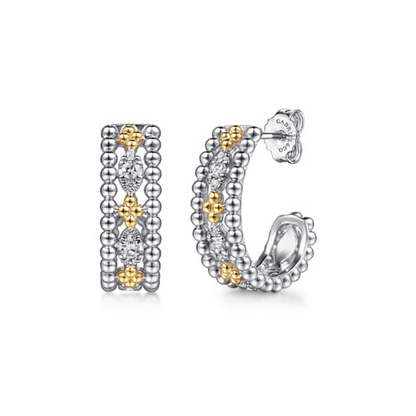 14 KARAT YELLOW GOLD AND STERLING SILVER BUJUKAN WHITE SAPPHIRE J HOOP EARRINGS