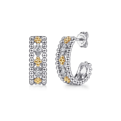 14 KARAT YELLOW GOLD AND STERLING SILVER BUJUKAN WHITE SAPPHIRE J HOOP EARRINGS