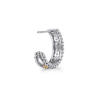 14 KARAT YELLOW GOLD AND STERLING SILVER BUJUKAN WHITE SAPPHIRE J HOOP EARRINGS