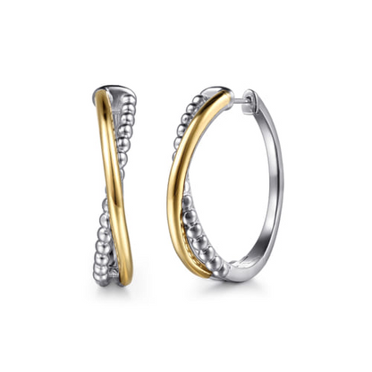14 KARAT YELLOW GOLD AND STERLING SILVER BUJUKAN CRISS CROSS INTRICATE HOOP EARRINGS
