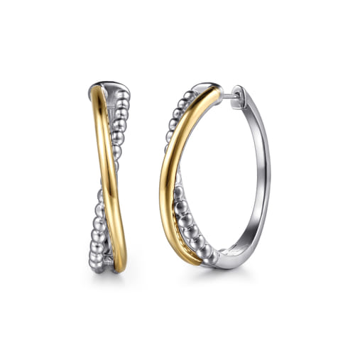14 KARAT YELLOW GOLD AND STERLING SILVER BUJUKAN CRISS CROSS INTRICATE HOOP EARRINGS