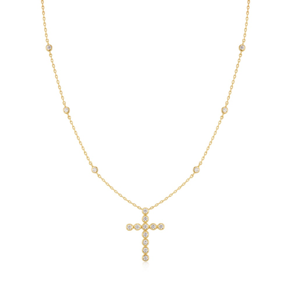 GOLD BEZEL- SET STATION NECKLACE WITH CROSS PENDANT