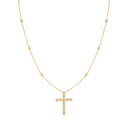 GOLD BEZEL- SET STATION NECKLACE WITH CROSS PENDANT