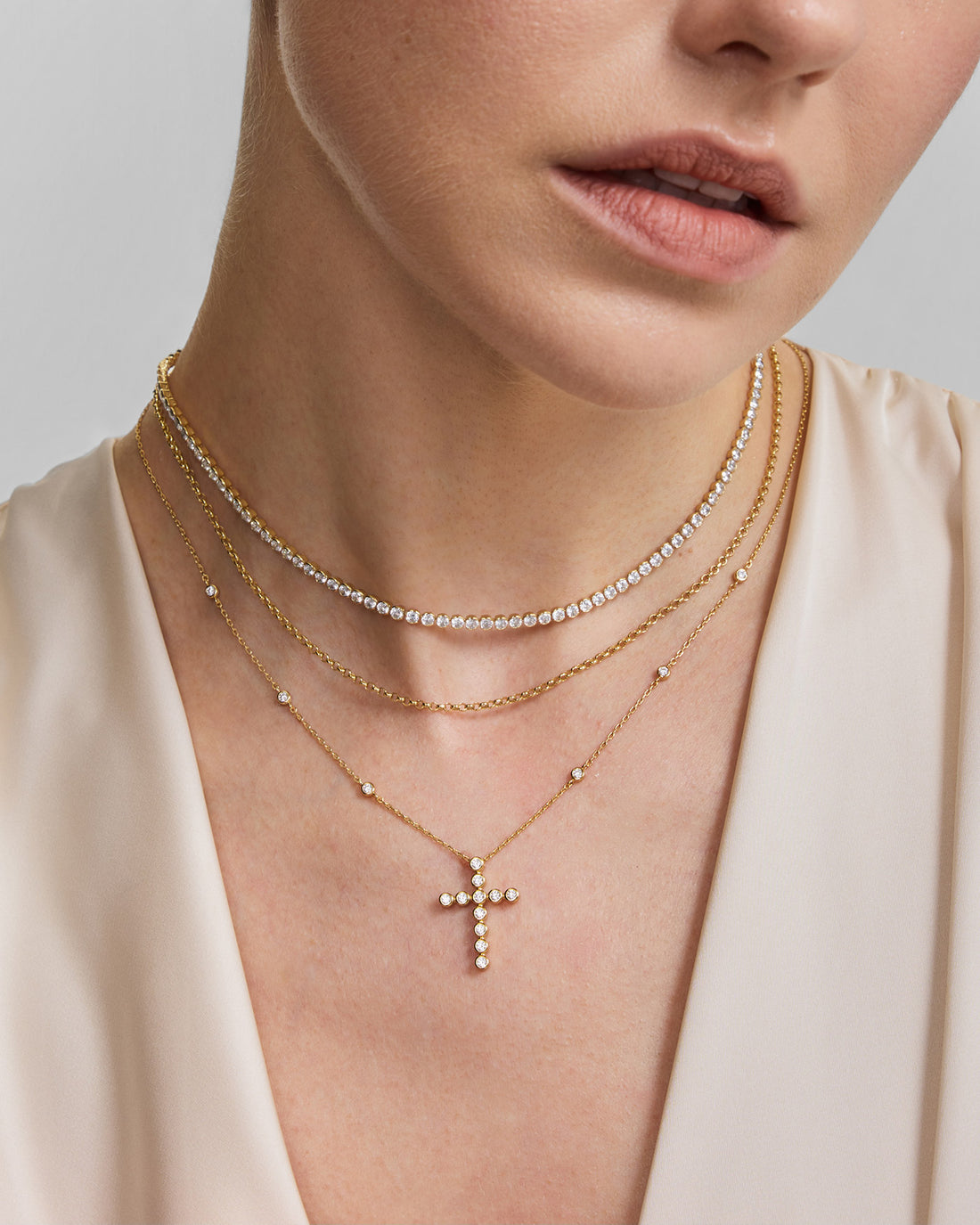 GOLD BEZEL- SET STATION NECKLACE WITH CROSS PENDANT