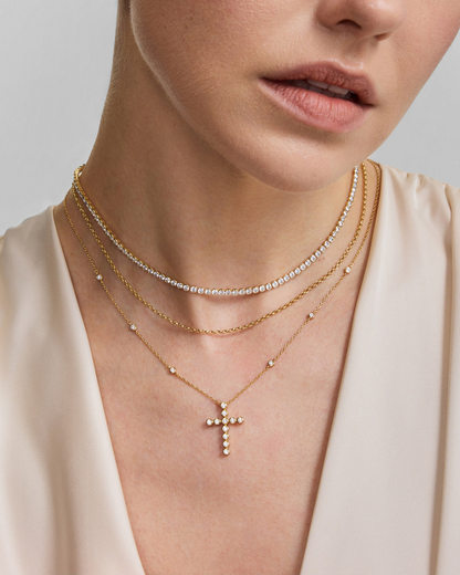 GOLD BEZEL- SET STATION NECKLACE WITH CROSS PENDANT