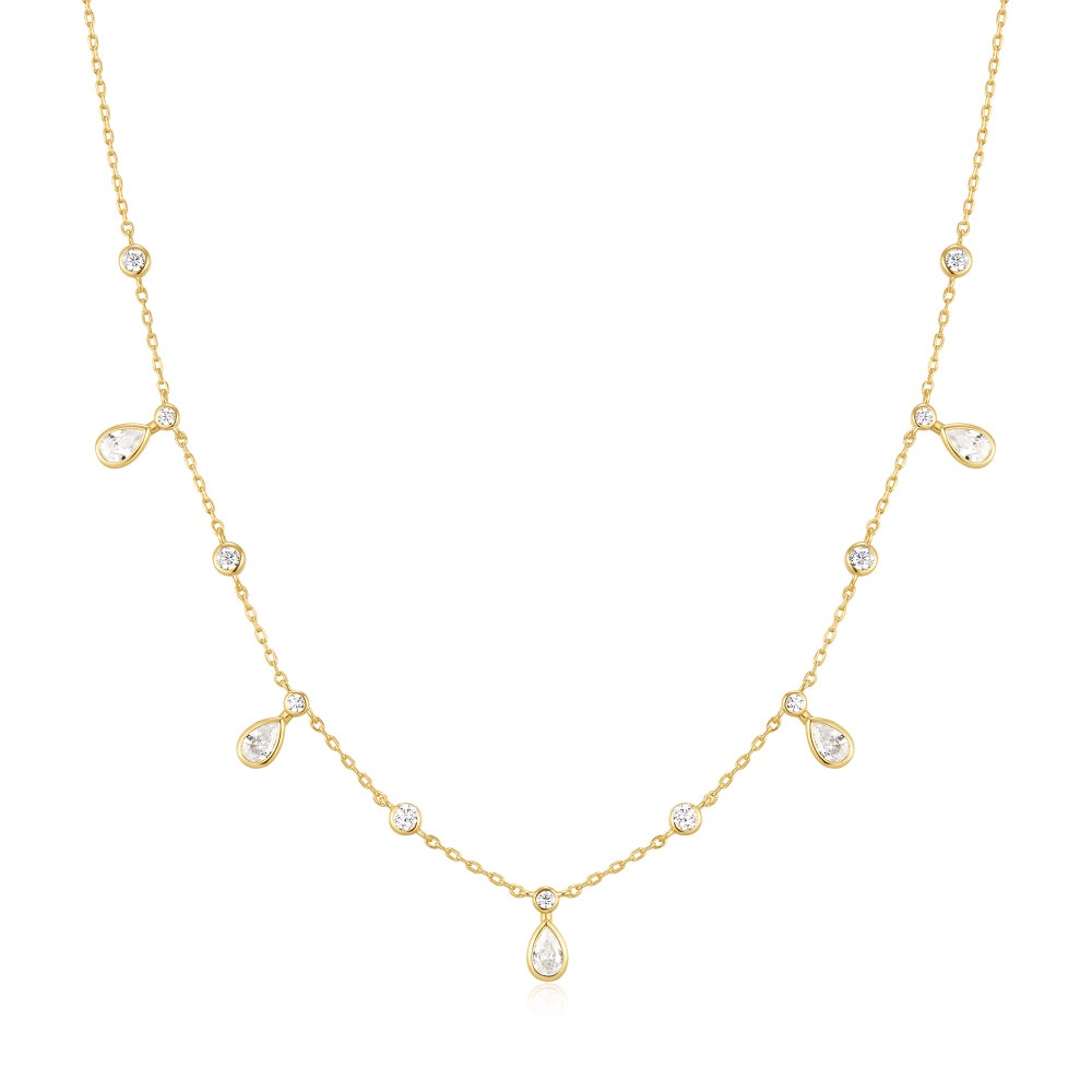 GOLD BEZEL ROUND & TEARDROP STATION NECKLACE