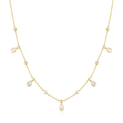 GOLD BEZEL ROUND & TEARDROP STATION NECKLACE