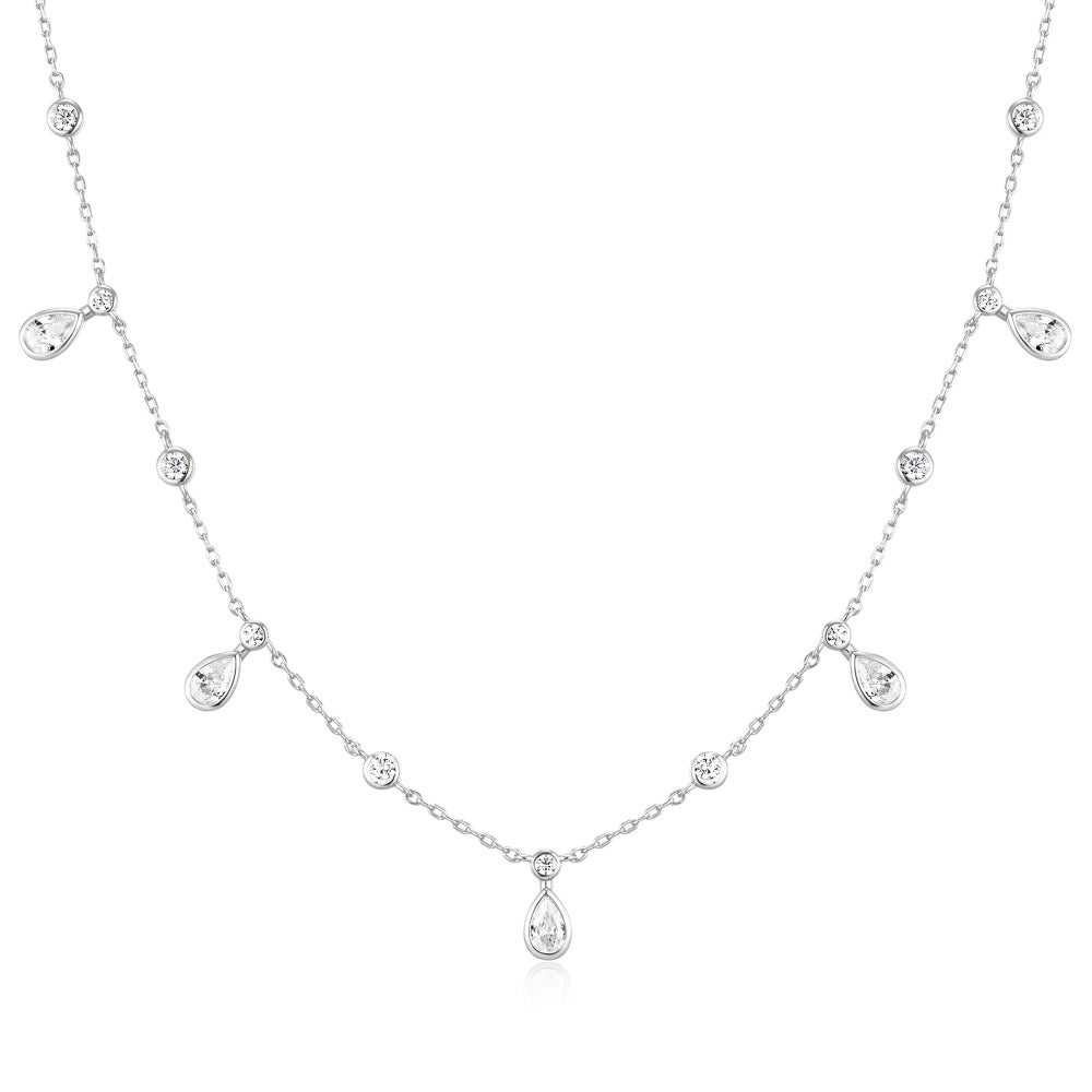 SILVER BEZEL ROUND & TEARDROP DROP STATION NECKLACE