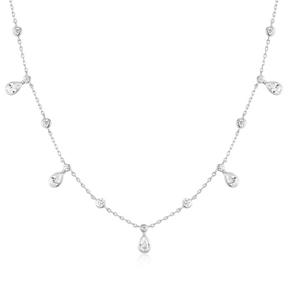 SILVER BEZEL ROUND & TEARDROP DROP STATION NECKLACE