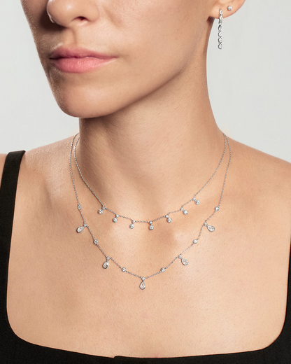 SILVER BEZEL ROUND & TEARDROP DROP STATION NECKLACE