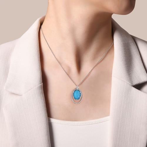 STERLING SILVER WHITE SAPPHIRE AND ROCK CRYSTAL AND TURQUOISE PENDANT NECKLACE
