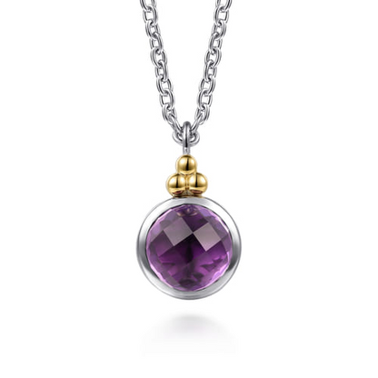 14 KARAT YELLOW GOLD AND STERLING SILVER BUJUKAN ROUND AMETHYST PENDANT NECKLACE