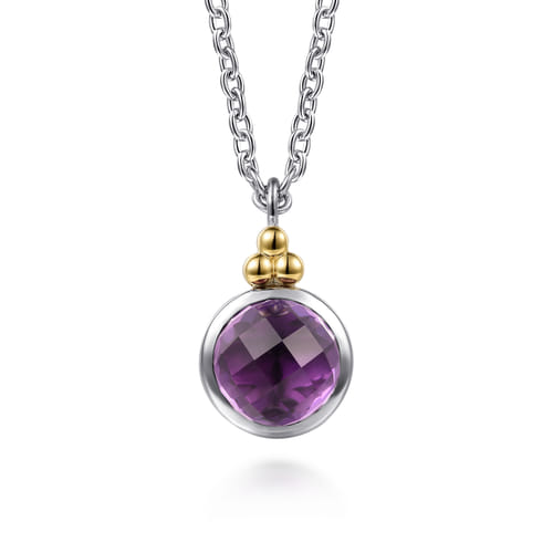 14 KARAT YELLOW GOLD AND STERLING SILVER BUJUKAN ROUND AMETHYST PENDANT NECKLACE