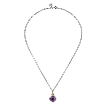 14 KARAT YELLOW GOLD AND STERLING SILVER BUJUKAN ROUND AMETHYST PENDANT NECKLACE