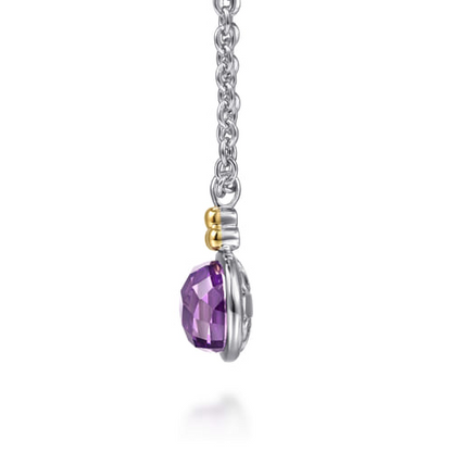 14 KARAT YELLOW GOLD AND STERLING SILVER BUJUKAN ROUND AMETHYST PENDANT NECKLACE