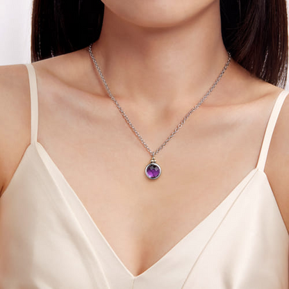 14 KARAT YELLOW GOLD AND STERLING SILVER BUJUKAN ROUND AMETHYST PENDANT NECKLACE