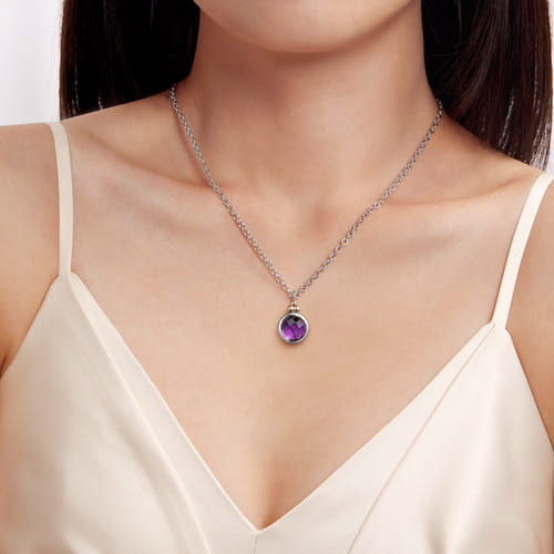 14 KARAT YELLOW GOLD AND STERLING SILVER BUJUKAN ROUND AMETHYST PENDANT NECKLACE