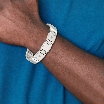 STAINLESS STEEL  AND 14 KARAT WHITE GOLD POLISHED WITH .03 DIAMOND 8IN LINK BRACELET