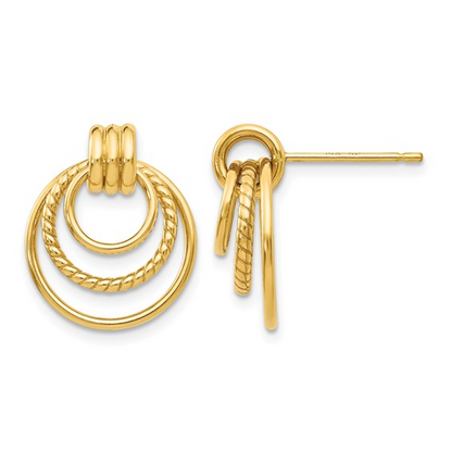 10 KARAT YELLOW GOLD TWISTED TRIPLE CIRCLE FANCY POST EARRINGS