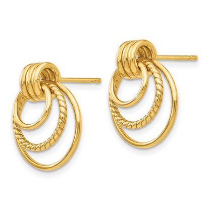 10 KARAT YELLOW GOLD TWISTED TRIPLE CIRCLE FANCY POST EARRINGS