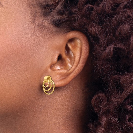 10 KARAT YELLOW GOLD TWISTED TRIPLE CIRCLE FANCY POST EARRINGS