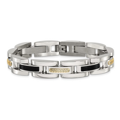 STAINLESS STEEL POLISHED WITH 14 KARAT YELLOW GOLD ACCENT AND BLACK ONYX LINK BRACELET