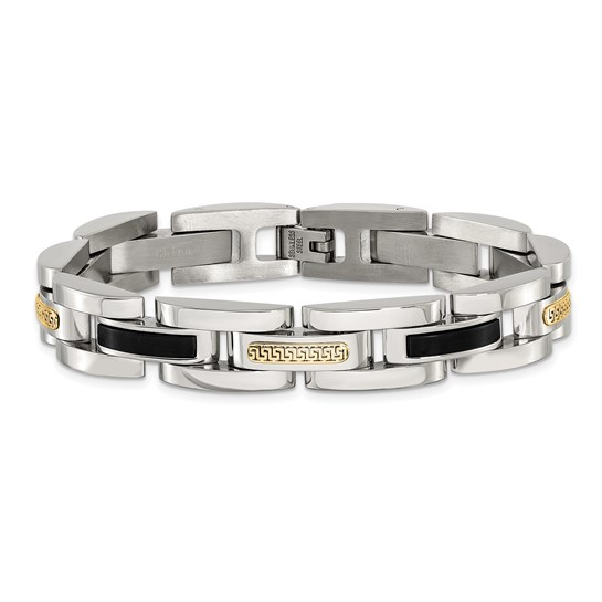 STAINLESS STEEL POLISHED WITH 14 KARAT YELLOW GOLD ACCENT AND BLACK ONYX LINK BRACELET