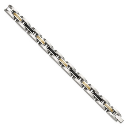 STAINLESS STEEL POLISHED WITH 14 KARAT YELLOW GOLD ACCENT AND BLACK ONYX LINK BRACELET