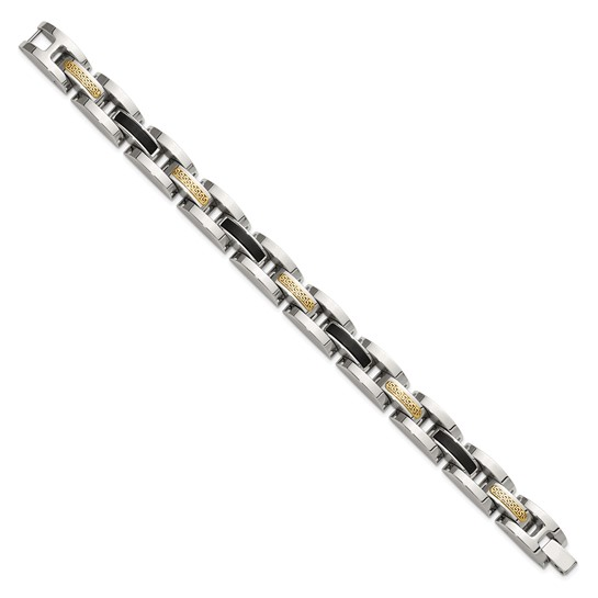 STAINLESS STEEL POLISHED WITH 14 KARAT YELLOW GOLD ACCENT AND BLACK ONYX LINK BRACELET