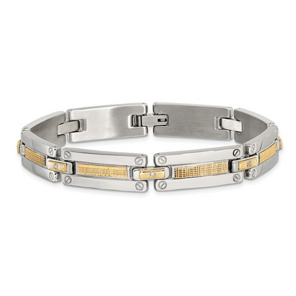 STAINLESS STEEL POLISHED WITH 14 KARAT YELLOW GOLD ACCENT BASKET WEAVE AND 1/15CT. DIAMOND BRACELET