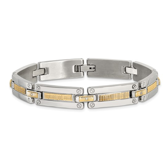 STAINLESS STEEL POLISHED WITH 14 KARAT YELLOW GOLD ACCENT BASKET WEAVE AND 1/15CT. DIAMOND BRACELET