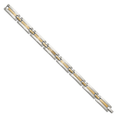STAINLESS STEEL POLISHED WITH 14 KARAT YELLOW GOLD ACCENT BASKET WEAVE AND 1/15CT. DIAMOND BRACELET