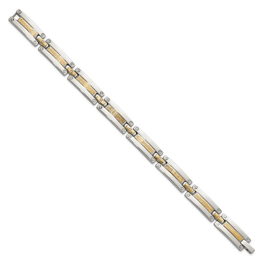 STAINLESS STEEL POLISHED WITH 14 KARAT YELLOW GOLD ACCENT BASKET WEAVE AND 1/15CT. DIAMOND BRACELET