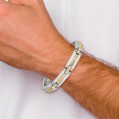 STAINLESS STEEL POLISHED WITH 14 KARAT YELLOW GOLD ACCENT BASKET WEAVE AND 1/15CT. DIAMOND BRACELET