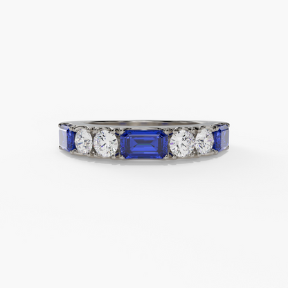 LAB CREATED BLUE SAPPHIRE BAGUETTE AND ROUND LAB DIAMOND FASHION RING