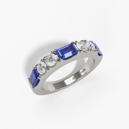 LAB CREATED BLUE SAPPHIRE BAGUETTE AND ROUND LAB DIAMOND FASHION RING
