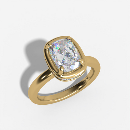 BEZEL-SET HIDDEN HALO SOLITAIRE ELONGATED CUSHION LAB DIAMOND ENGAGEMENT RING