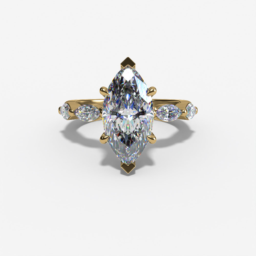 FLOATING HIDDEN HALO MARQUISE LAB DIAMOND ENGAGEMENT RING WITH ROUND DIAMOND SIDE ACCENTS AND DIAMOND SHANK
