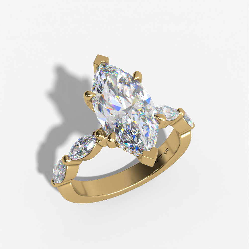 FLOATING HIDDEN HALO MARQUISE LAB DIAMOND ENGAGEMENT RING WITH ROUND DIAMOND SIDE ACCENTS AND DIAMOND SHANK