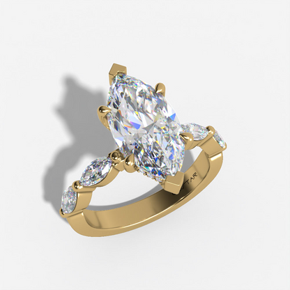 FLOATING HIDDEN HALO MARQUISE LAB DIAMOND ENGAGEMENT RING WITH ROUND DIAMOND SIDE ACCENTS AND DIAMOND SHANK