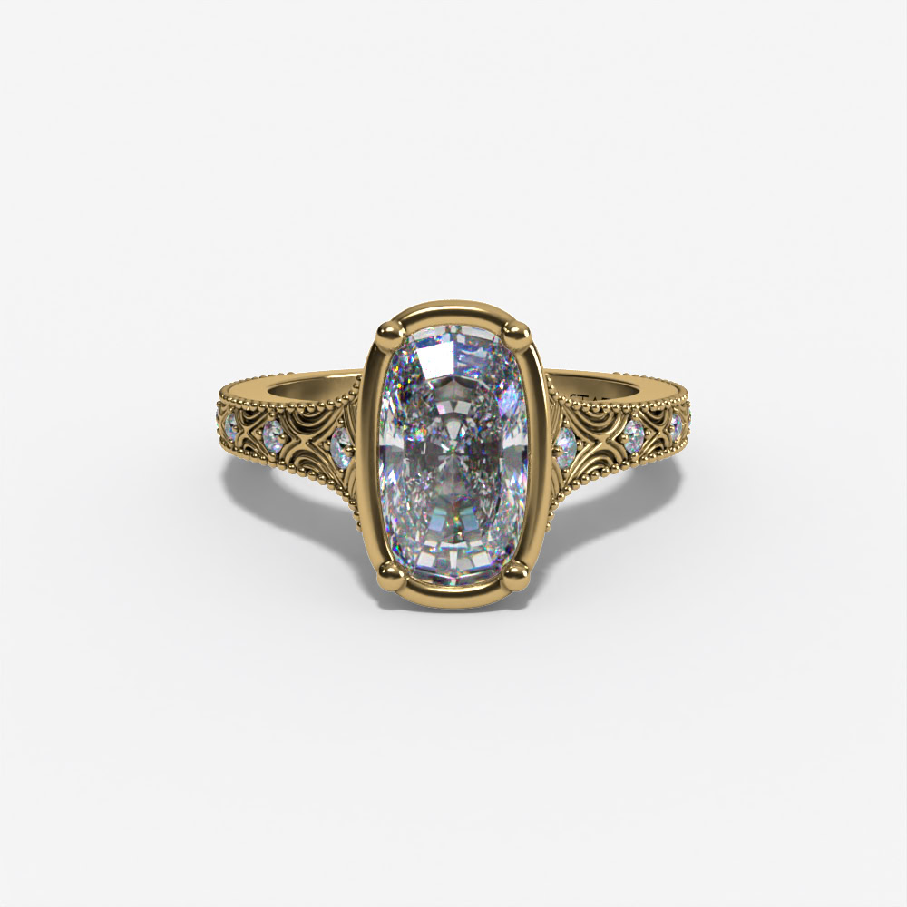 VINTAGE CUSHION-MC LAB DIAMOND ENGAGMENT RING WITH GEOMETRIC DIAMOND ACCENTS AND MILGRAIN SHANK