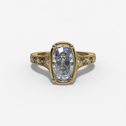 VINTAGE CUSHION-MC LAB DIAMOND ENGAGMENT RING WITH GEOMETRIC DIAMOND ACCENTS AND MILGRAIN SHANK