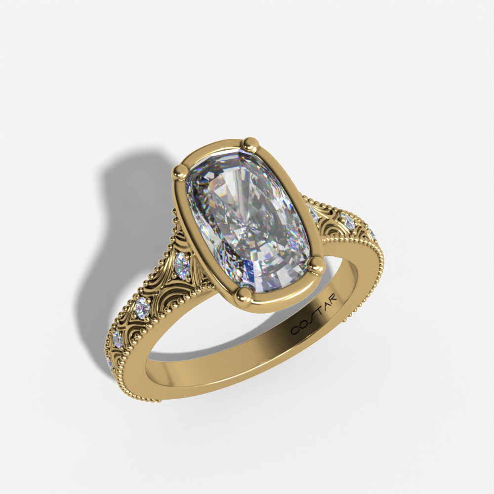 VINTAGE CUSHION-MC LAB DIAMOND ENGAGMENT RING WITH GEOMETRIC DIAMOND ACCENTS AND MILGRAIN SHANK