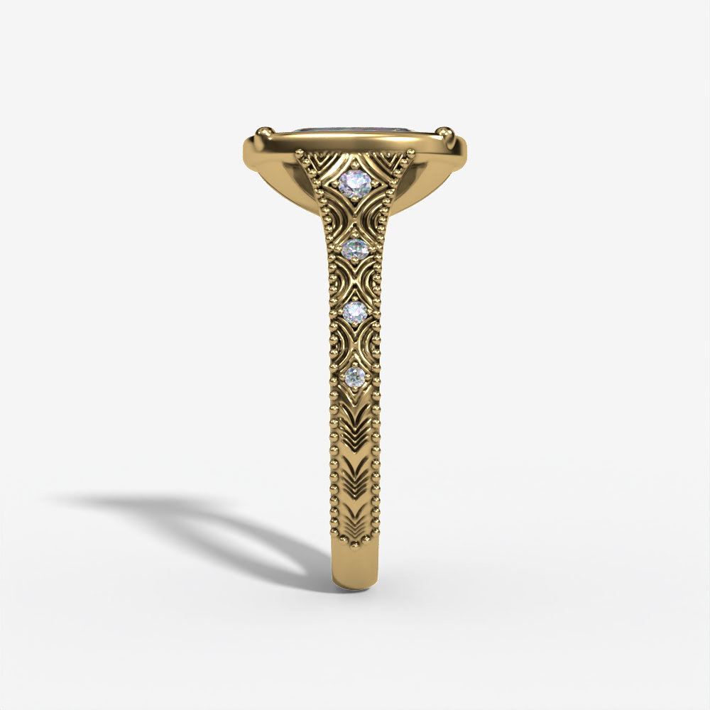 VINTAGE CUSHION-MC LAB DIAMOND ENGAGMENT RING WITH GEOMETRIC DIAMOND ACCENTS AND MILGRAIN SHANK