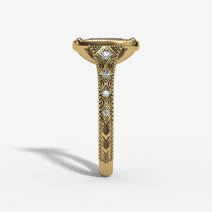 VINTAGE CUSHION-MC LAB DIAMOND ENGAGMENT RING WITH GEOMETRIC DIAMOND ACCENTS AND MILGRAIN SHANK