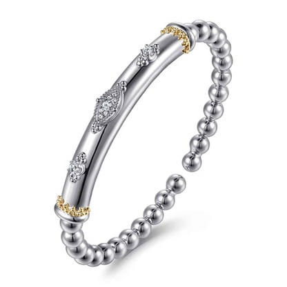 14 KARAT YELLOW GOLD AND STERLING SILVER BUJUKAN WHITE SAPPHIRE SPLIT BANGLE BRACELET