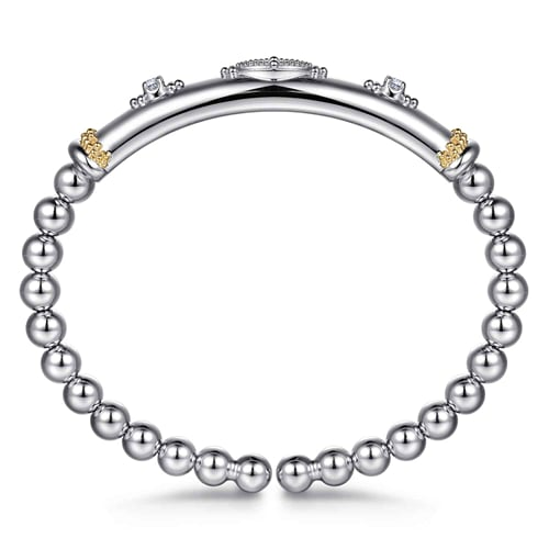 14 KARAT YELLOW GOLD AND STERLING SILVER BUJUKAN WHITE SAPPHIRE SPLIT BANGLE BRACELET